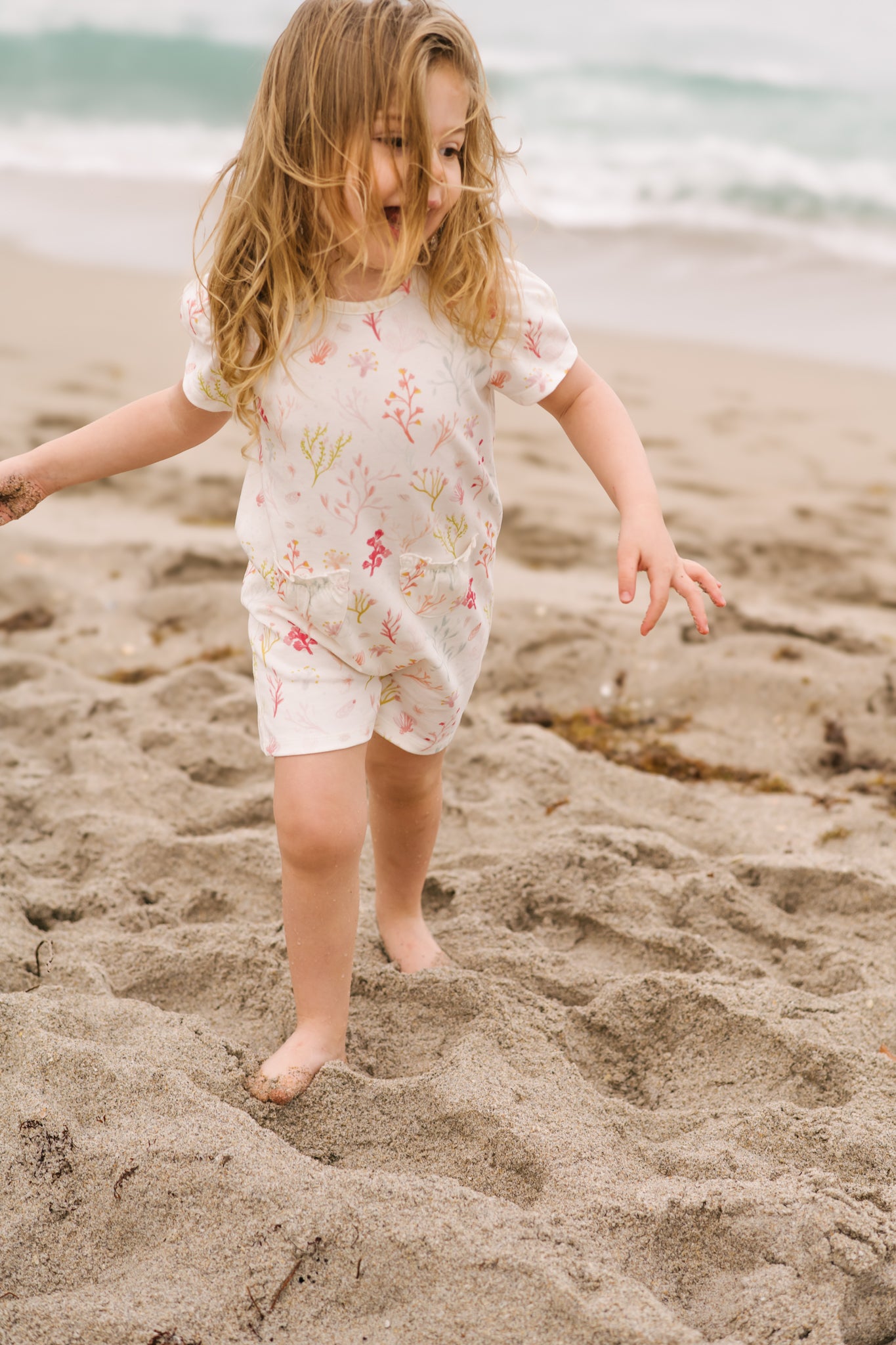 Short Sleeve Puff Romper - Sea Bloom