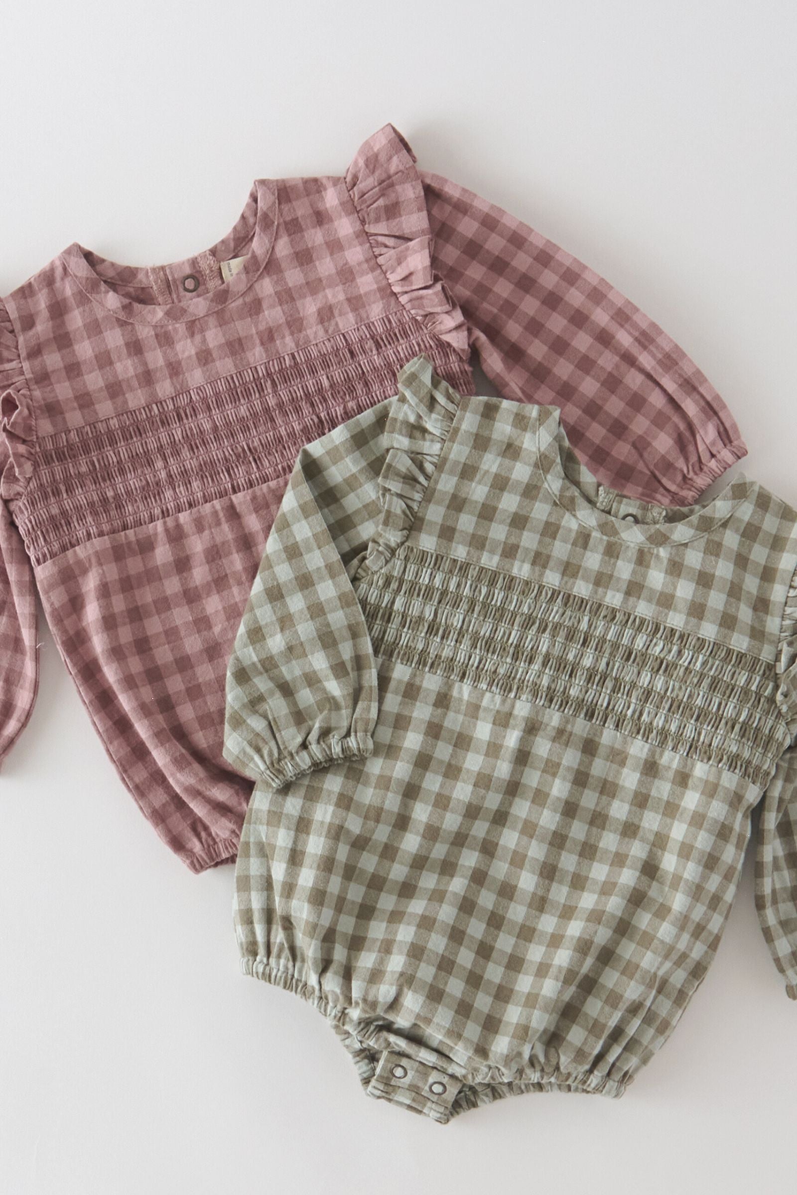 Pehr-Flannel Long Sleeve Smocked One Piece-Sage/Light Sage-5