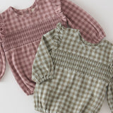 Pehr-Flannel Long Sleeve Smocked One Piece-Thistle/Light Thistle-3
