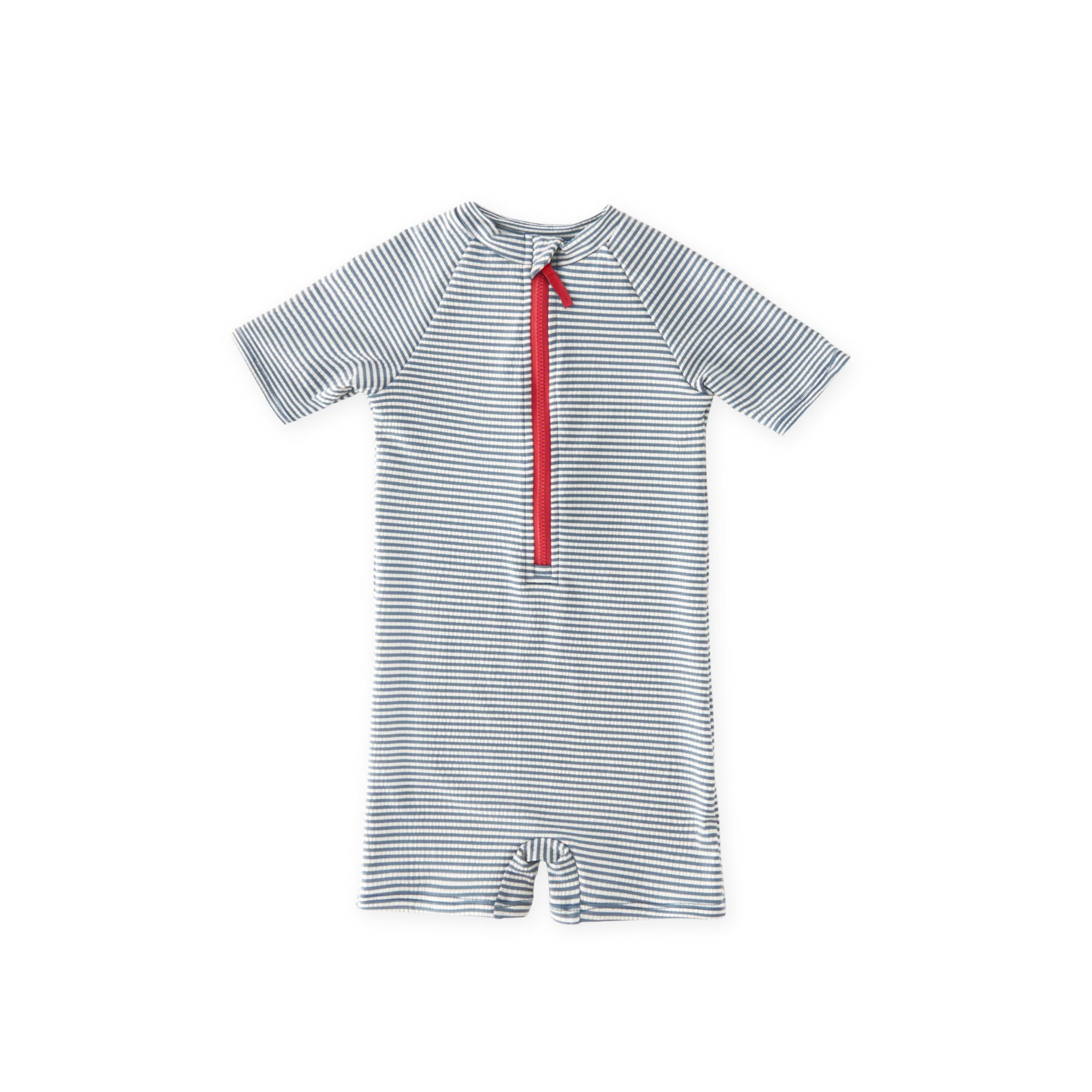 Swim Short Sleeve One-Piece - Seersucker Ink